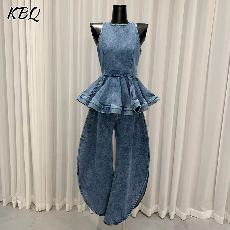 Vintage Fashion Style Female - KBQ Blauw Gespleten Plooien Tweedelig Set