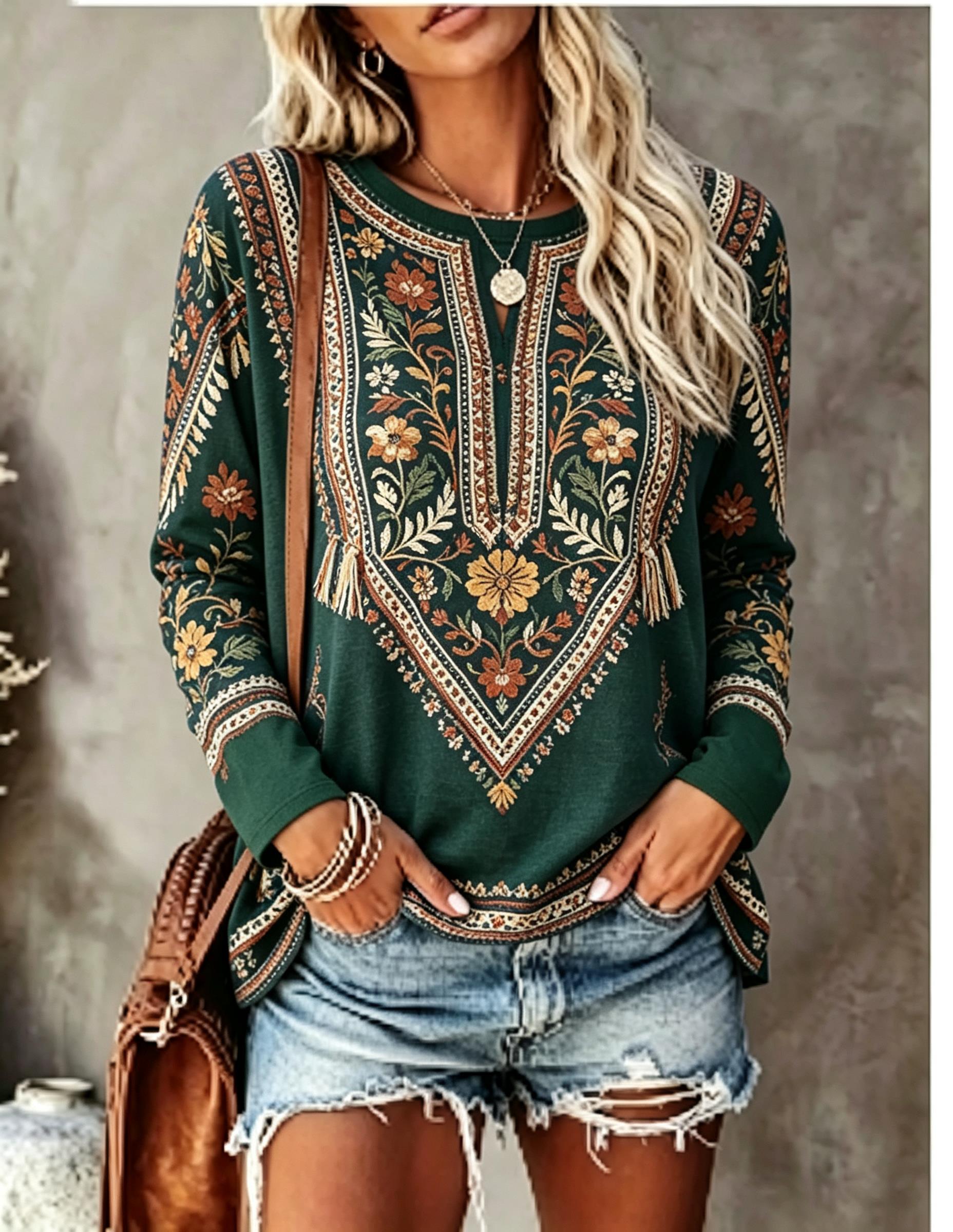 Printed Floral Shirt - Dames T-shirt met ronde hals en
