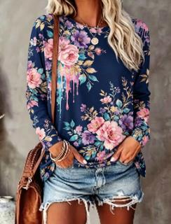 Printed Floral Shirt - Dames T-shirt met bloemenprint, marineblauw, kleurrijk,