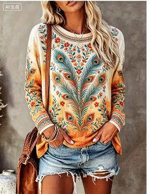 Printed Floral Shirt - Dames T-shirt met lange mouwen, vintage