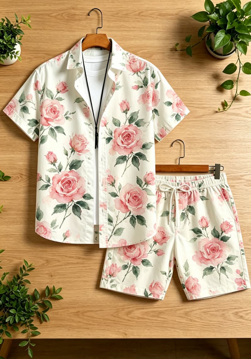 Printed Floral Shirt - Tweedelige herenset met aquarel bloemenprint, overhemd