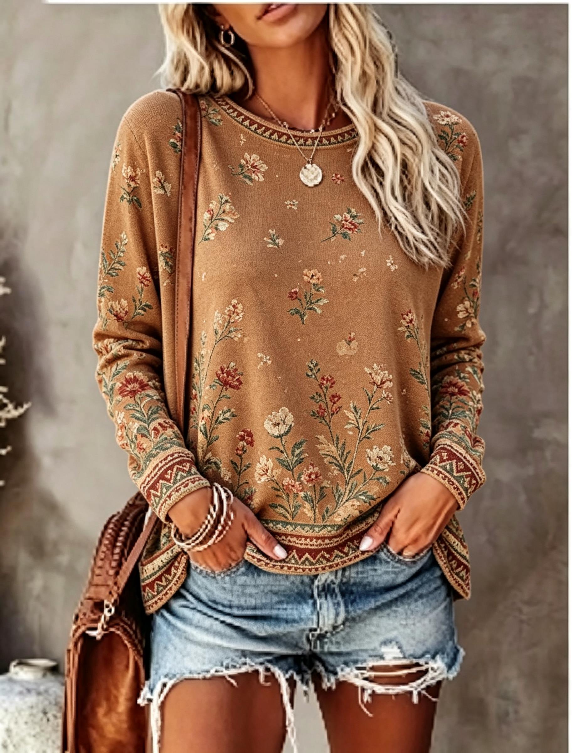 Printed Floral Shirt - Dames T-shirt met ronde hals en