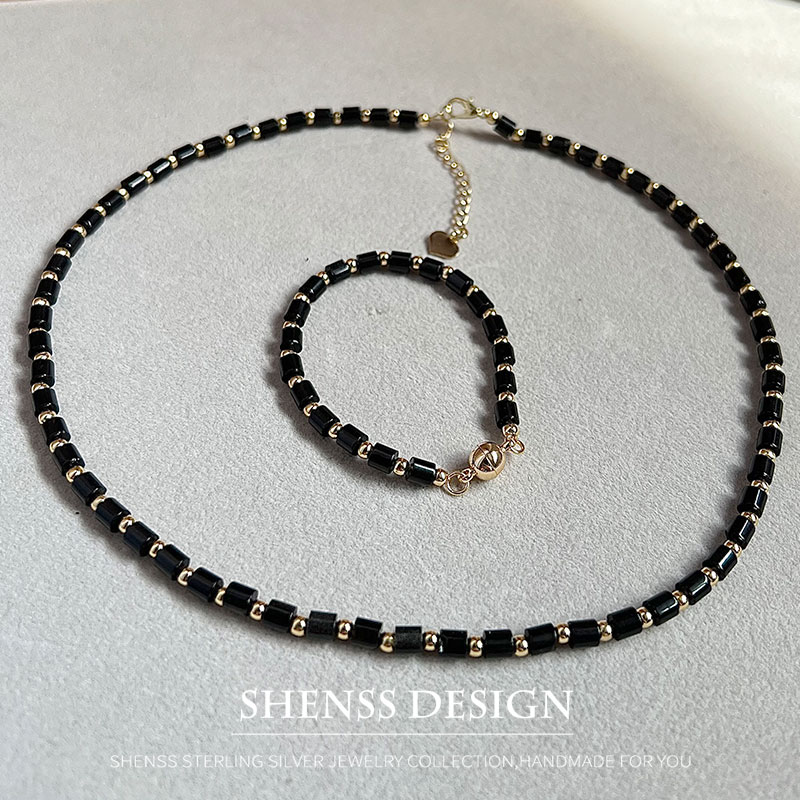 Vintage Fashion Guild - Natuurlijke 4Mm Obsidiaan Ketting Verkoperd 14K